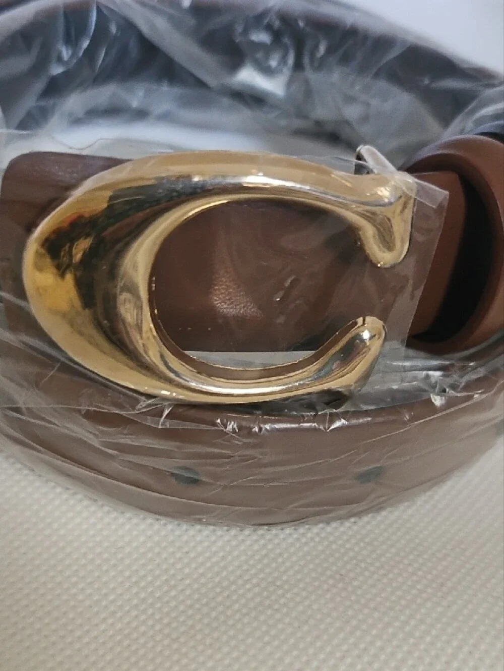 Brown Black Leather Belt with Gold C-Shaped Buckle